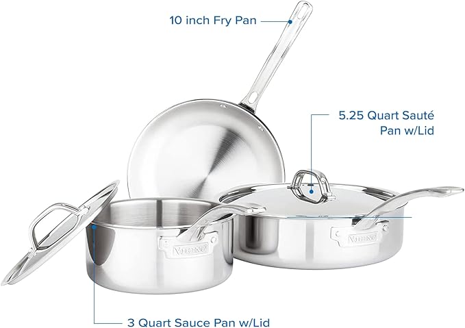 Viking Culinary 3-Ply Stainless Steel Cookware Set with Metal Lids 5 Piece Dishwasher Oven Safe Works on All Cooktops including Induction