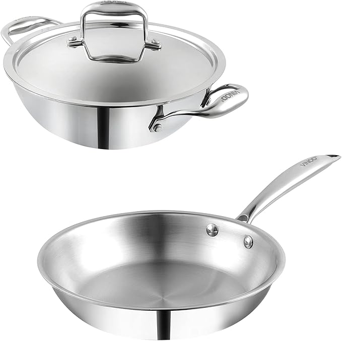 Vinod Platinum Triply Stainless Steel Cookware Combo Set of 2 | 1.5 Litre Kadai (20cm) 20 cm Frypan | Extra Deep Kadai with Lid for Cooking | Induction Cookware