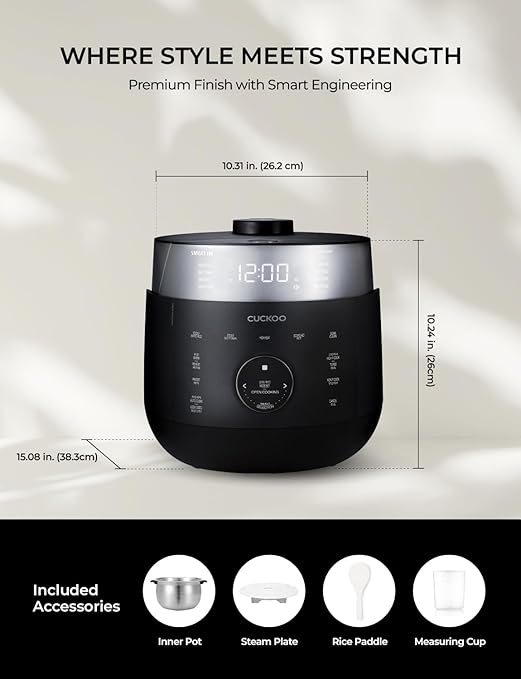CUCKOO Twin Pressure Rice Cooker 6-Cup Uncooked / 12-Cup Cooked with Induction Heating Technology 19 Menu Modes with Voice Guide Full Stainless Steel Inner Pot Black (CRP-LHTAR0609FB)