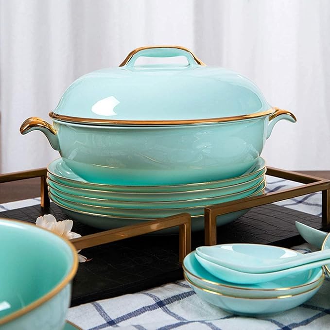 Dinnerware Set Luxury Family Dinner Service Set Porcelain Dinnerware Set European-Style Phnom Penh Bone China Tableware Set Bowls and Plates Celadon Dinner Set Service(65pieces)