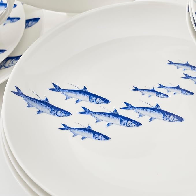 Caskata School of Fish Dinner Plates Set of 4 | High-Design Lead-Free Porcelain Dinnerware Plate Set | Blue Dinnerware Set for Entertaining Everyday Thanksgiving Wedding or Birthday Gifts | 10.75 in