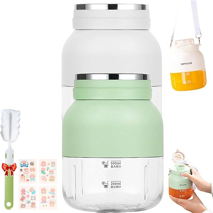 Blender Cup Juicer Cup for home Electric Juicer Mini Portable Blender Portable Automatic Sport Juicey Cups Dual-Use Water Bottle with Straw for Outdoor Sports with Strap (2PCS Mix)