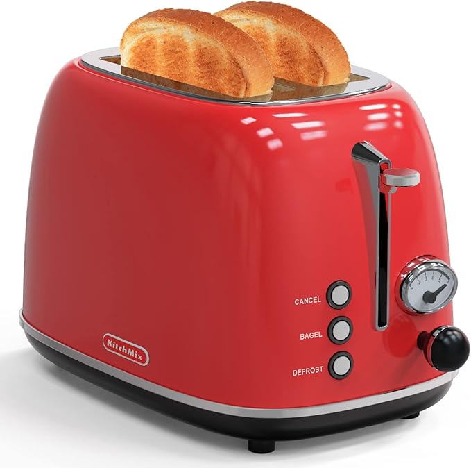 Toaster 2 sliceRetro Stainless Steel Toaster with 6 Settings 1.5 In Extra Wide Slots Bagel/Defrost/Cancel Function Removable Crumb Tray (Red)