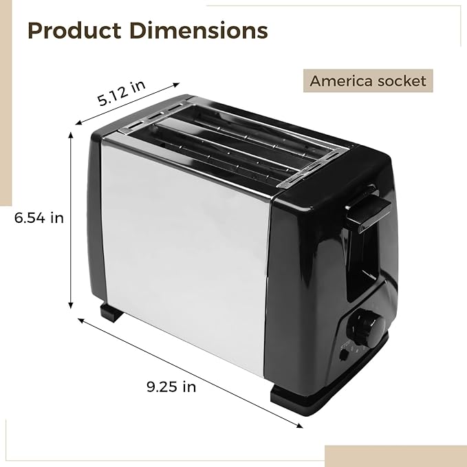 Compact 2-Slice Toaster Wide Slots for Thick Bread and Bagels Adjustable Toast Control Stainless Steel