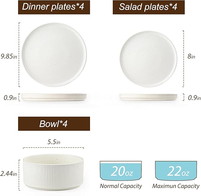 Ceramic Dinnerware Sets for 4-12 Piese Plates and Bowls Set Microwave and Dishwasher Safe Stoneware Ribbed Dishes and 22oz bowls Speckled White