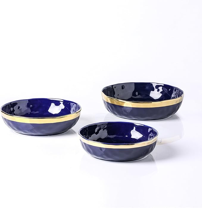 Stone Lain Florian Porcelain 3-Piece Round Shallow Bowl Service Set Blue with Gold RIm