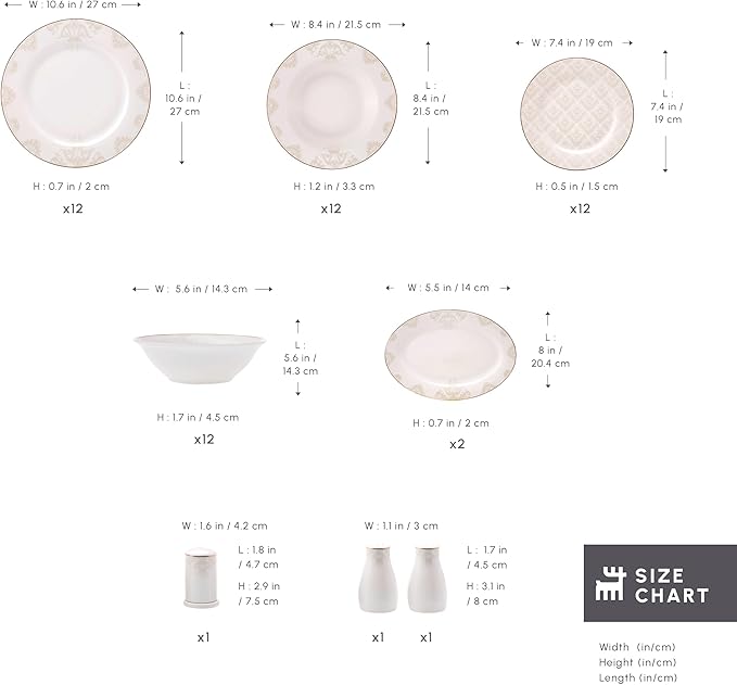 Karaca Siena 53-Piece Porcelain Plates and Bowls Set with Dinner &amp Dessert Plates Shakers - Bone China Dishware Sets - Kitchen Dinnerware Set for 12 People