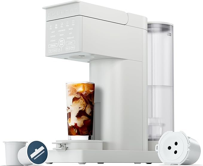 Chefman Caffeinator Single Serve Coffee Maker Brew Kcups &amp Grounds Drip Coffee Machine with Brew Strength Settings Iced Coffee Function 48 oz. Removable Water Reservoir