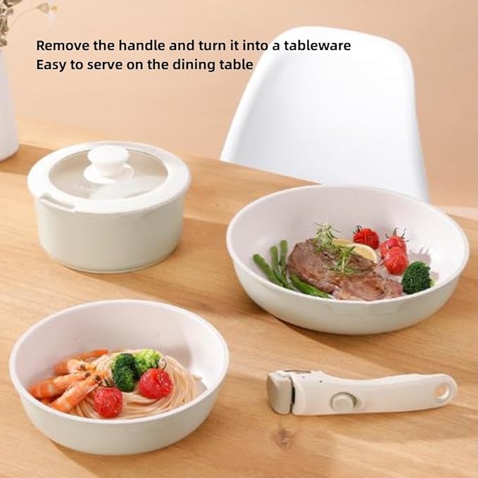 5pcs Pots and Pans SetNonstick Cookware Set Detachable Handle Outdoor Wheat Rice Stone Non Stick Pot Set Milk Pot with Lid Flat Bottom PotOven Safe (White)