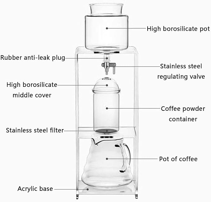 Cold Brew Drip Tower Ice Drip Coffee Maker with Adjustable Flow Stainless Steel Filter and Acrylic Base V-shaped Pot Mouth Perfect for Home Brewing