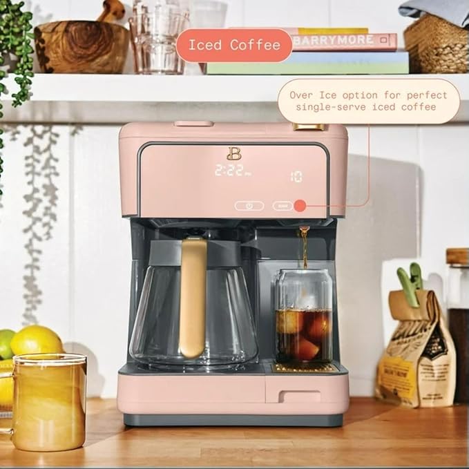 Multi-Brew Coffee Maker – 12-Cup Carafe &amp Single-Serve Pod or Grounds Iced Coffee Mode Programmable Touch Display Includes Filters (Rose)
