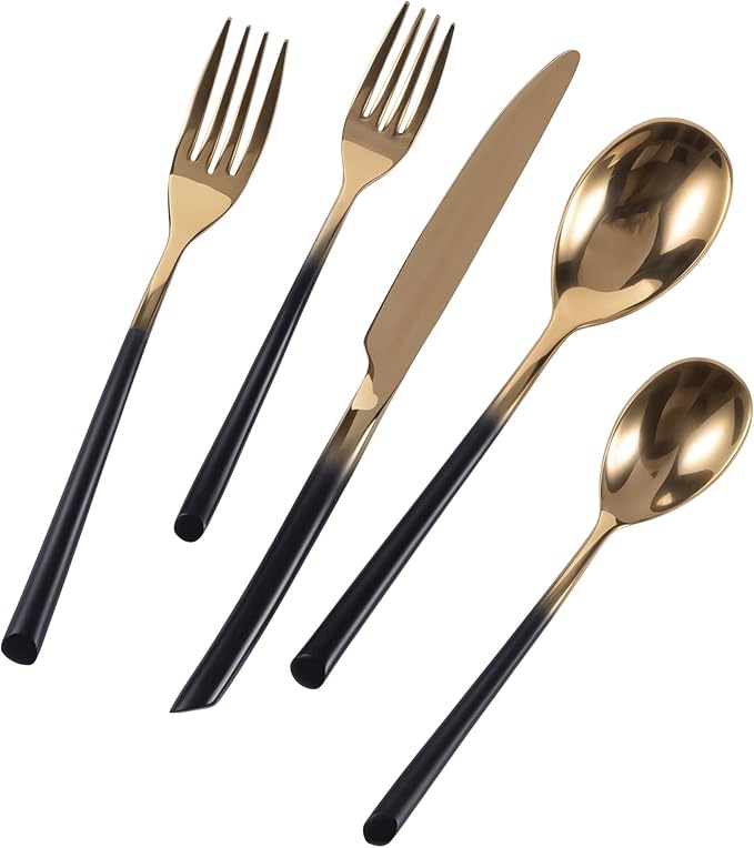 Black and Gold Silverware Set for 4 Modern 20 Piece Flatware Set Stainless Steel Mirror Polished Unique Black Gradual Change Gold Cutlery Utensils Sets for Home Kitchen Restaurant Nice Weight