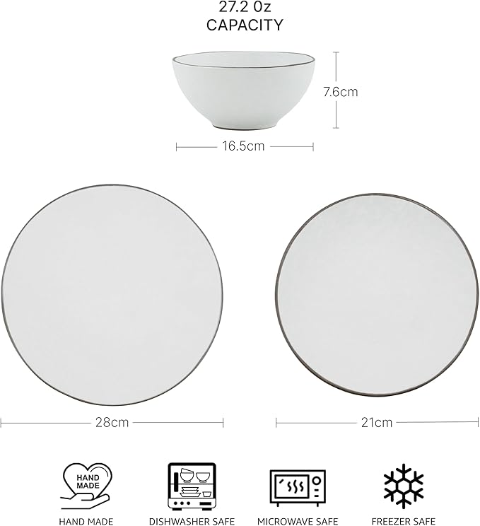 Mimola Ceramic Dinnerware SetsHandmade Reactive Glaze Stoneware Plates and Bowls SetsHighly Chip and Crack Resistant | Dishwasher &amp Microwave Safe Dishes SetService for 4 (12pc) (snow white)