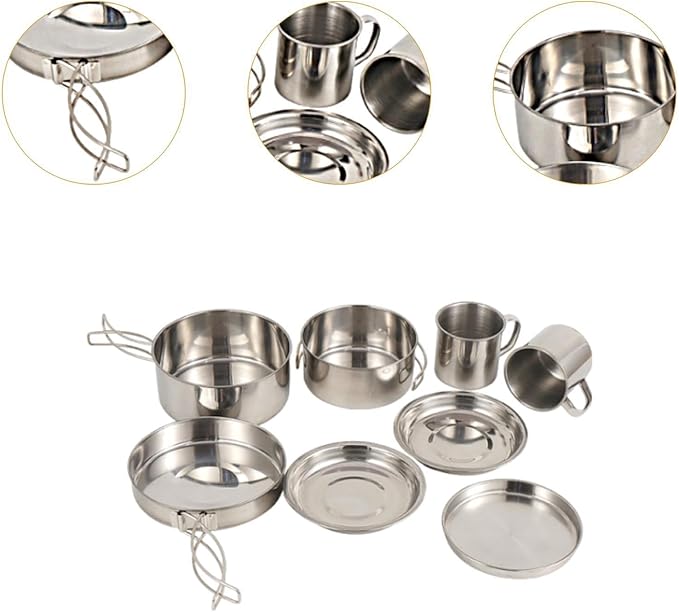 8X Camping Cookware Mess Kit Camping Utensils Set Folding Handle Cookset Pot Pan Cup Gear Outdoor Cutlery for Fishing Outdoor