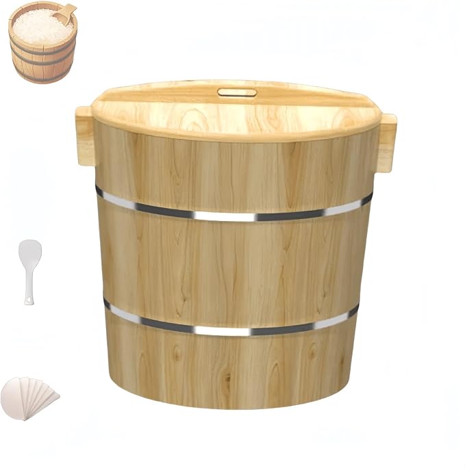 Wooden Rice Barrel Rice Steaming Barrel Rice Mixing Barrel Wooden Storage Barrel Rice Cooking Barrel with Lid for Home Restaurant(30 * 30 * 23cm)