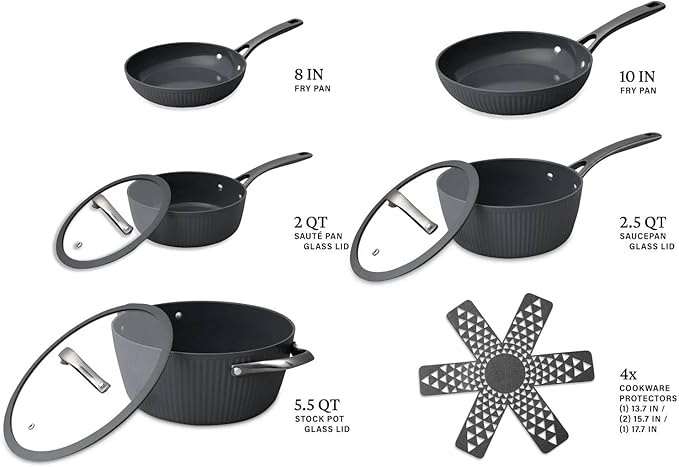 12 Pc Ceramic Cookware Set Nonstick Pots Pans and Fry Pans – Ceramic Non-Stick Ribbed Cookware Set Ergonomic Stay Cool Handles 446°F Oven Safe Dishwasher Safe (Grey)