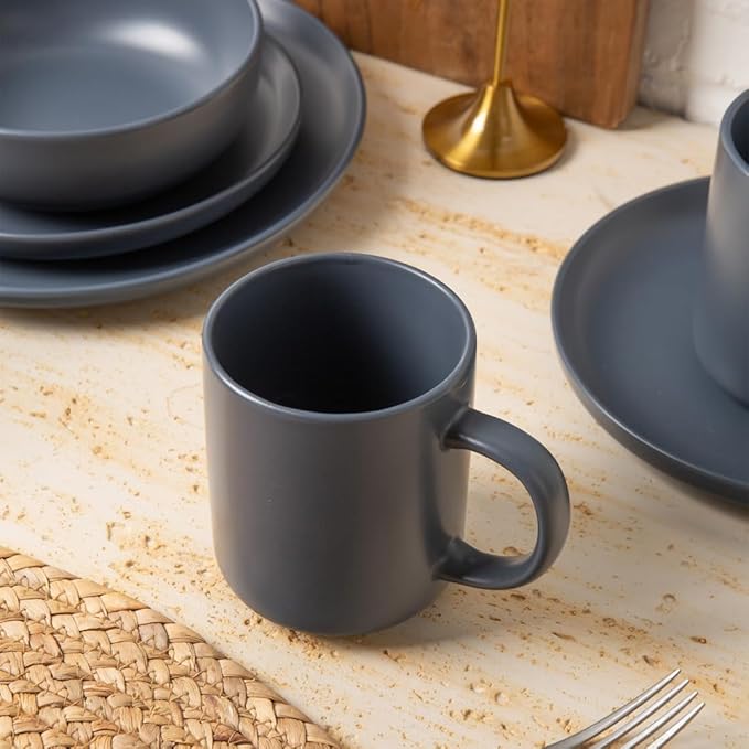 12-Piece Stoneware Dinnerware Set with Mugs Blue Matte Glaze Microwave and Dishwasher Safe Stackable Dinner Plates Bowls and Mugs for 3