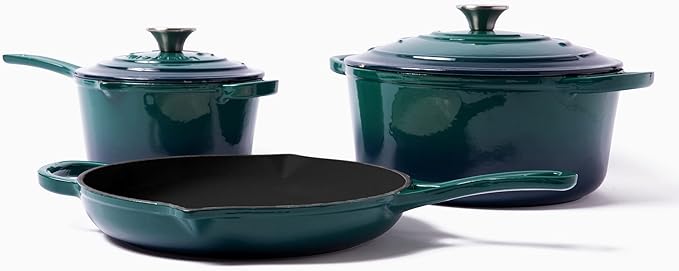 Larder &amp Vine 5-Piece Enameled Cast Iron Cookware Set - Includes 5.7 Quart Dutch Oven with Lid 10.25 Inch Skillet 2.2 Quart Saucepan with Lid (Bondi)