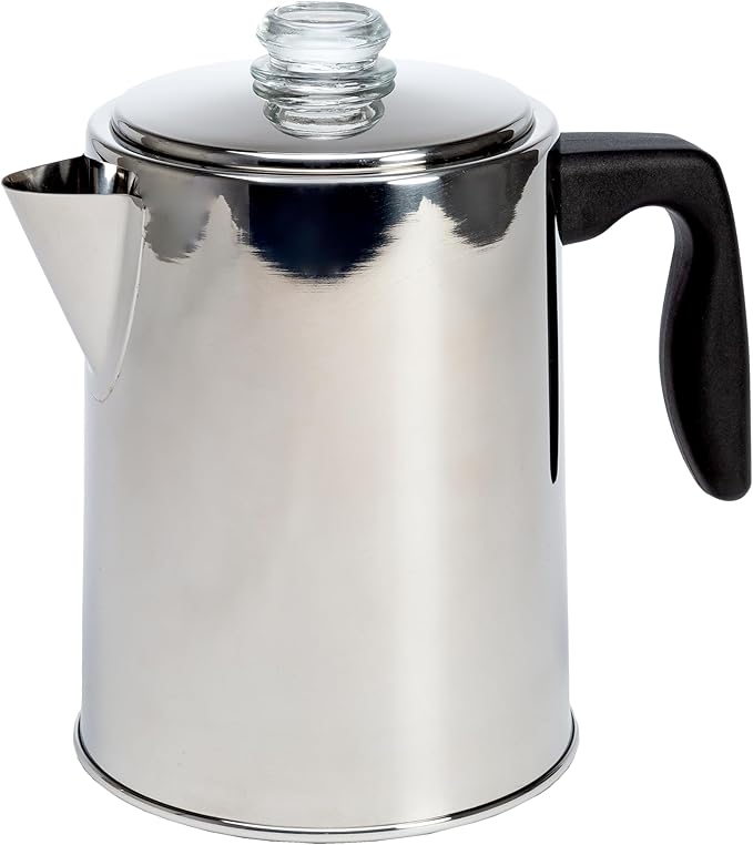 Primula Stovetop Coffee Percolator Premium Stainless Steel Coffee Maker with Reusable Filter Basket Non-Drip Spout Glass Knob Brew Indicator and Heat Resistant Handle Dishwasher Safe 8 Cup