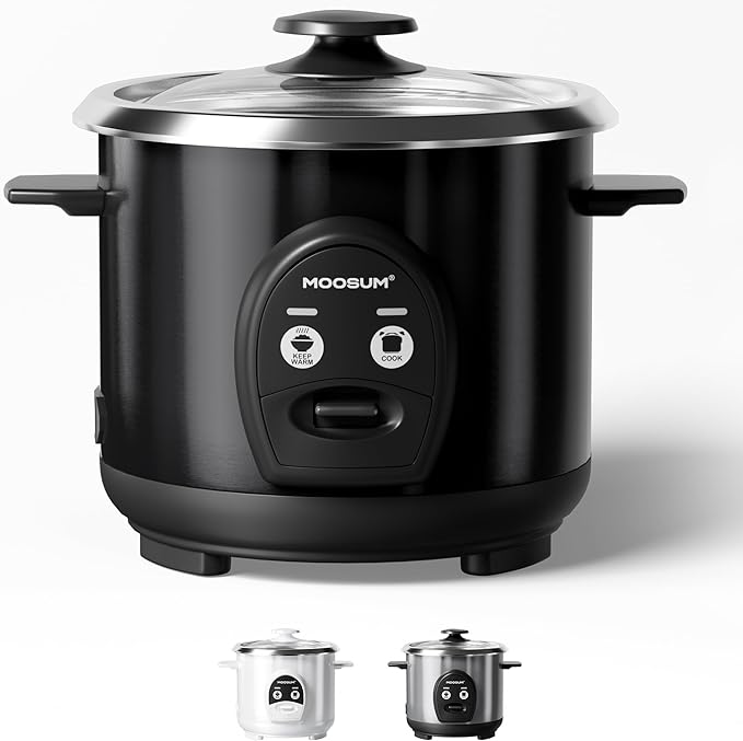 3-Cup Uncooked Rice Cooker Small Stainless Steel Non-Toxic Inner Pot One-Touch Multifunction for Rice/Sauté/Yogurt Dishwasher Safe 1-3 People Size Black