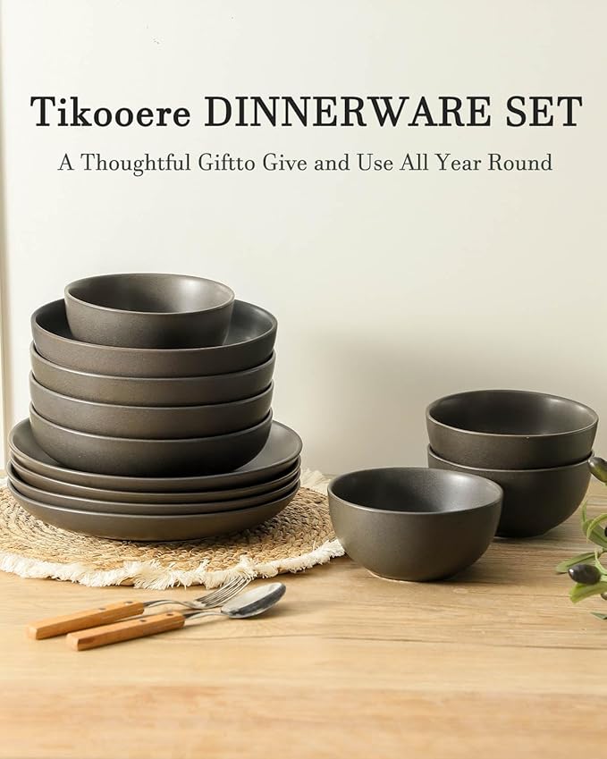 Plates and Bowls Sets 12-Pieces Stoneware Dinnerware Set Ceramic Matte Black Dishes Set for 4 Scratch Resistant Microwave and Dishwasher Safe Tableware Porcelain