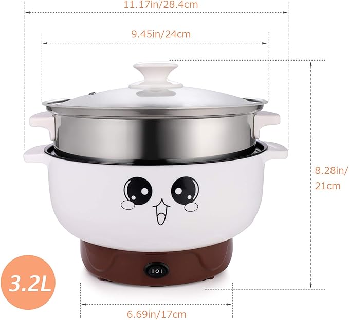 Electric Skillet 4-in-1 Multifunctional Electric Cooker Skillet Grill Pot for Cooking Rice Hotpot Soup Steam Eggs Fried Noodles Small Kitchen Cooker Non-Stick (3.2L with Steamer)