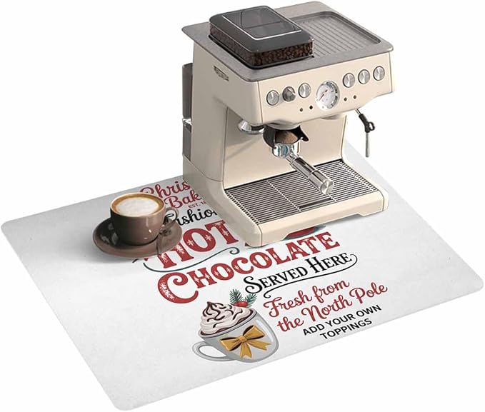 Coffee Mat for Counter Christmas Hot Cocoa Absorbent Hide Stain Coffee Bar Mat Non-slip Coffee Bar Accessories Kitchen Drying Mat Fit Under Coffee Maker Espresso Machine