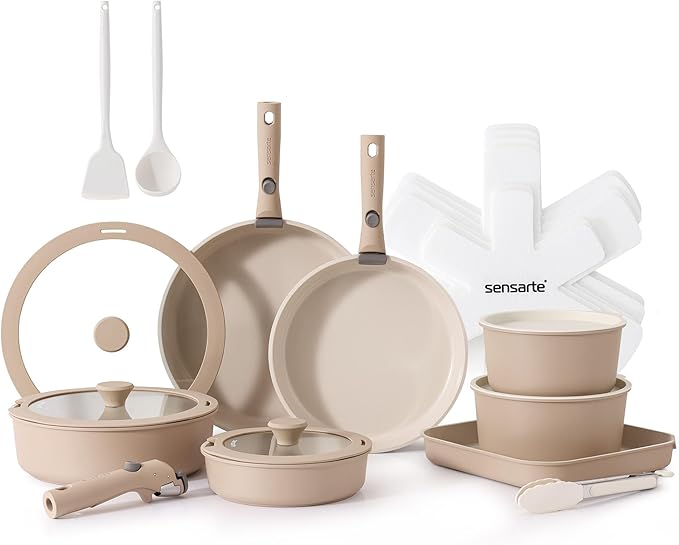 SENSARTE 24 Piece Ceramic Pots and Pans Set Nonstick Detachable Handle Cookware Induction Cookware Set with Removable Handle Healthy Non Stick for RV Dishwasher＆Oven Safe PFOA Free (Almond Beige)