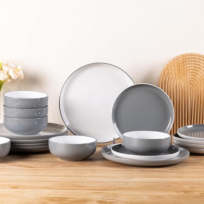GBHOME 12 Pieces Ceramic Dinnerware Set Modern White Dish Set for 4Scratch Resistant Smooth Plates and Bowls SetsOven SafeMicrowave &amp Dishwasher