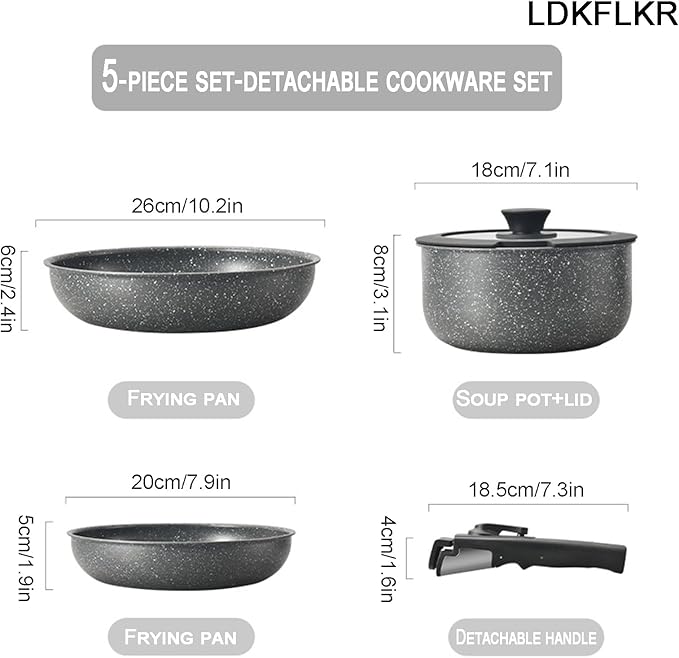 Multi-Piece Detachable Cookware Set Non-Stick Pots and Pans Set with Removable Handles Cooking Set Oven Safe Stackable Universal for All Stoves5PcGray Black