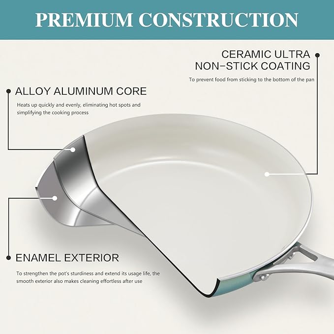 Kitchen Pots and Pans Set Non Stick 11 Pcs Ceramic Cookware Set with Stay-Cool Handle Pot and Pan Set NonToxic PFOA/PFAS Free Dishwasher/Oven Safe Evenly Heats Enamel Exterior - Teal