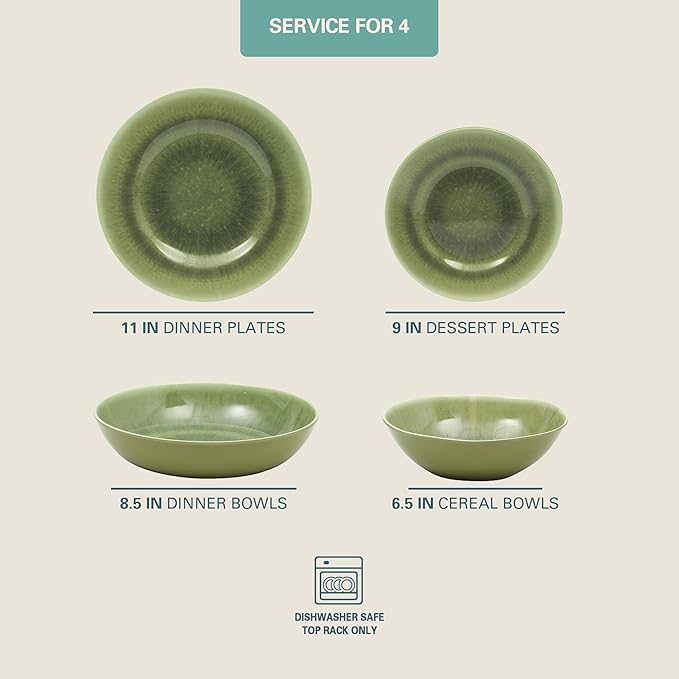Gibson Home Casper Court 16-Piece Melamine Dinnerware Set – Green Reactive Glaze Look Plates and Bowls Service for 4 – Top Rack Dishwasher Safe Everyday Dining Set