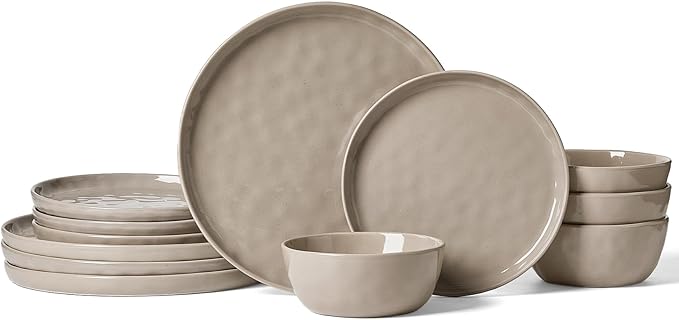 Famiware Mars Plates and Bowls Set 12 Pieces Dinnerware Sets Dishes Set for 4 Cinnamon Brown
