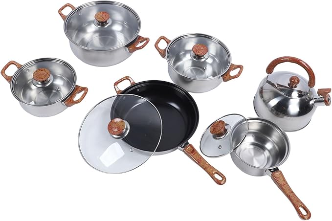 Stainless Steel Cookware Set Multifunctional Pots and Pans with Kettle Unique Wood Grain Design High Temperature Easy to Proof Ideal for Home Cooking