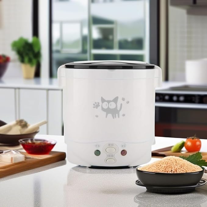 Mini Rice Cooker Steamer 12V 100W 1L Electric Travel Rice Cooker Small Box Multi-function Cooking Steaming Lunch Box for Cars Home Office School Cook Raw Food(White)