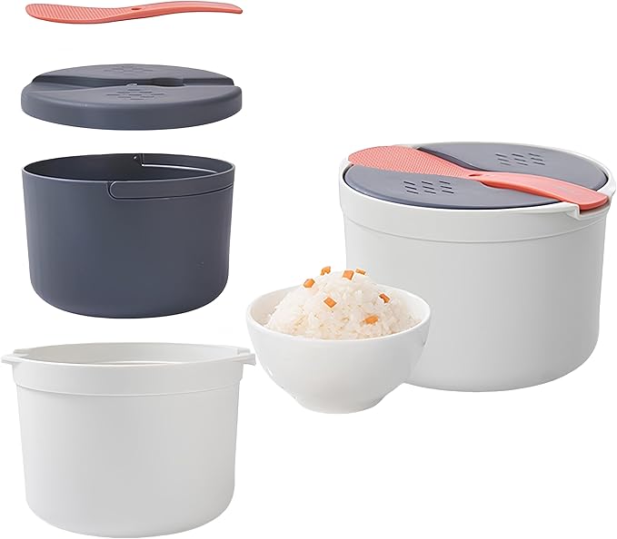 Qivine Microwave Rice Cooker Steamer 2L Microwave Pasta Cooker Microwave Cookware Set with Strainer Non-stick Food Grade for Cooking Vegetables Up to 8 Cups