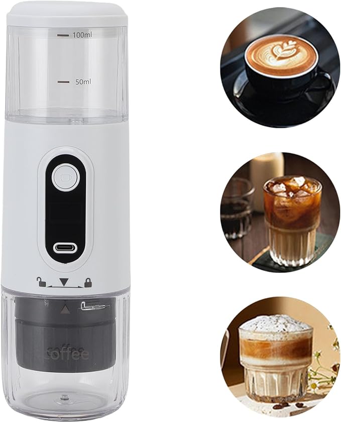 Portable Electric Espresso Machine Rechargeable Travel Coffee Maker Handheld Car Coffee Maker for Camping Hiking Office Powder and Capsules Compartment (White)