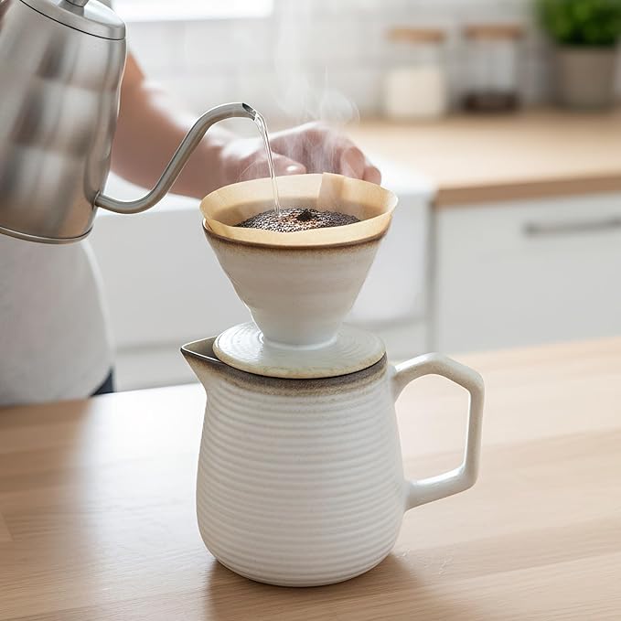 Pour Over Coffee Maker Set - Ceramic Dripper Pot Heat-Resistant &amp Easy Clean Manual Slow Drip Coffee Brewer for Office Home Camping 1-3 Cup Pour 20 coffee filters (white)