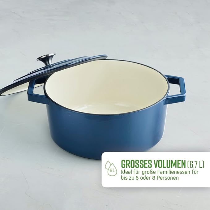 by Brandt Cast Steel Casserole Dish Round Individual 28 cm Capacity 6.8 L Cast Iron Lid with Stainless Steel Knob Suitable for Induction Oven Safe Blue