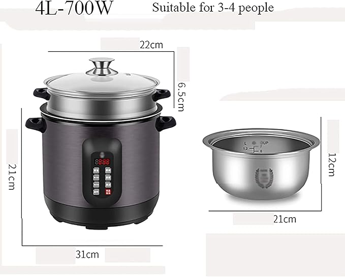 Rice Cooker/Steamer 304 Stainless Steel Liner Warm Functionwith Spatula and Measuring Cup for 1-4 People (4L) ()