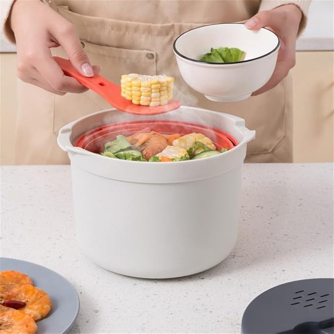 Microwave Rice Cooker Steamer Pot with Strainer 18x18x13cm PP Container for Rice Pasta Vegetables Dishwasher Safe Portable for Travel and Office Green