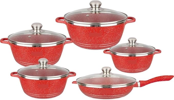 Pots and Pans Set 5 Pcs Cooking Pot Nonstick Cookware Sets With Glass Lids Aluminium Home Frying Pan Stock Pot Kitchen Supplies Kitchen Cooking Set(Red)