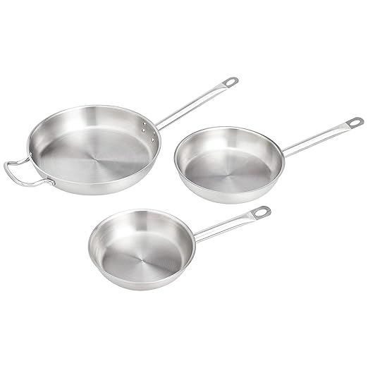 Amazon Basics 3-Piece Stainless Steel Aluminum-Clad Fry Pan Set Dishwasher Safe Induction Compatible Oven Safe to 500°F 8 9 1/2 and 12