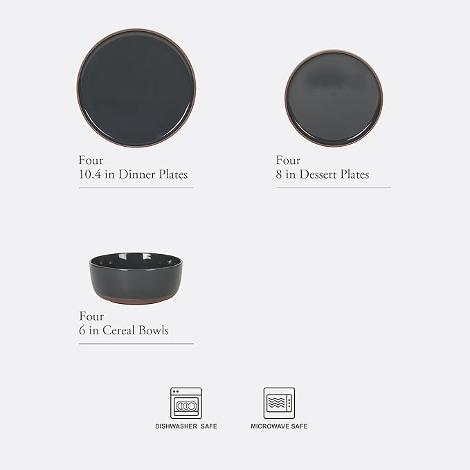 Gibson Elite Northrock Stoneware Dinnerware Set 12-Piece Service for 4 Plates and Bowls Set – Charcoal Blue Dishes with Hand-Painted Terracotta Base