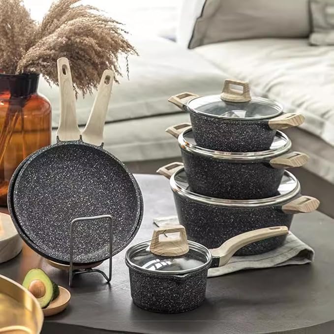 Black Kitchen Cookware Sets 7 Piece Nonstick Pots and Pans Set Granite Cooking Set for Induction &amp Dishwasher Safe Oven Stovetop PFAS and PFOA Free