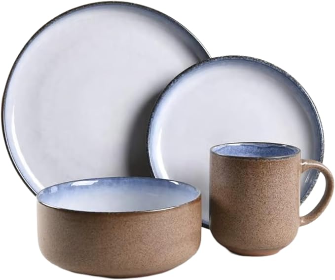 Mikasa Oaklyn Mist 16-Piece Stoneware Dinnerware Set - White &amp Blue Reactive Glaze with Stone-Like Exterior - Modern Tableware Designs Plates Bowls Mugs for Everyday Dining or Special Occasions