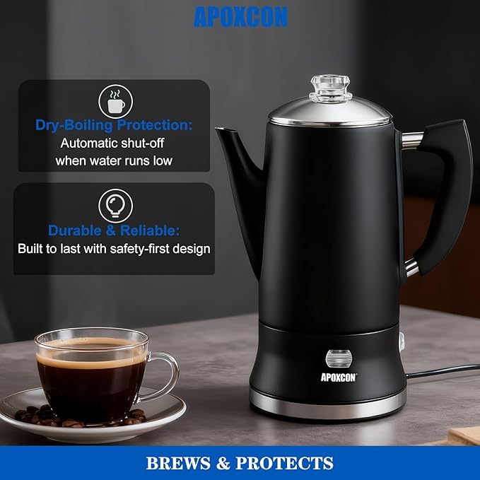 Electric Coffee Percolator Stainless Steel Coffee Maker with Clear Brew Progress Tough Glass Knob Keep Warm On/OFF Switch Cordless Serve Classic Coffee Pot No Aluminum Black 12 Cup