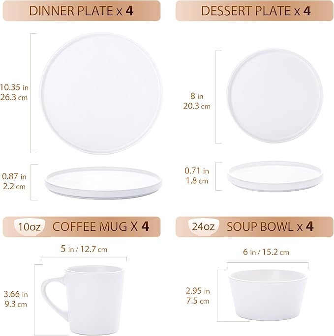 Plates and Bowls Sets for 4 - CJDC-QUELO 16 Piece Stoneware Dinnerware Sets with Mugs Ceramic Dishware Sets for Kitchen Dining Use Chip and Scratch Resistant Microwave Dishwasher Safe White