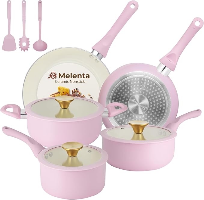Pots and Pans Set Non Stick Pink Ceramic Cookware Set 11-Piece Induction Cookware Non Toxic Healthy Kitchen Cooking Set Gold Knobs Lids Stay-Cool Handles