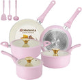 Pots and Pans Set Non Stick Pink Ceramic Cookware Set 11-Piece Induction Cookware Non Toxic Healthy Kitchen Cooking Set Gold Knobs Lids Stay-Cool Handles